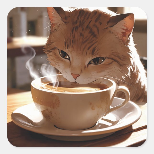 Cat drinking coffee from a cup square sticker (Front)