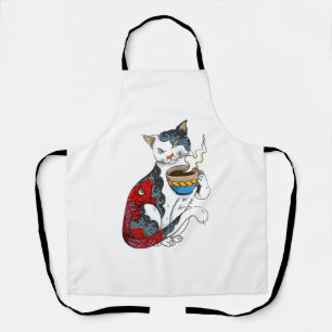 Cat Drinking Coffee With Fish Tattoo Cat & Coffee Apron