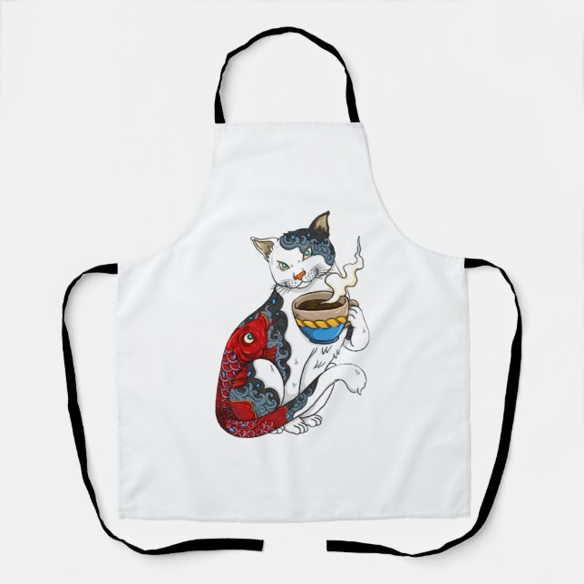 Cat Drinking Coffee With Fish Tattoo Cat & Coffee Apron (Front)