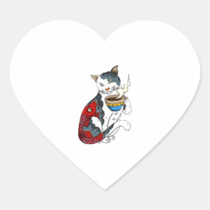 Cat Drinking Coffee With Fish Tattoo Cat & Coffee Heart Sticker