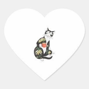 Cat Drinking Coffee With Flowers Tattoo Heart Sticker