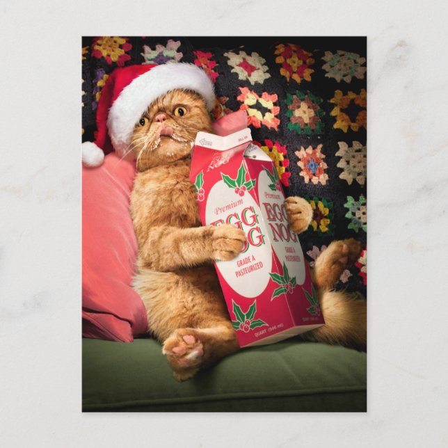 Cat Drinking Egg Nog Invitation Postcard (Front)