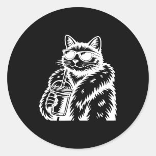Cat drinking iced coffee funny animal meme classic round sticker