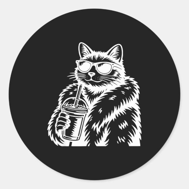 Cat drinking iced coffee funny animal meme  classic round sticker (Front)