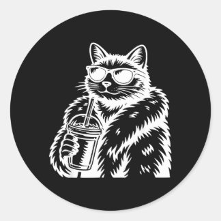 Cat Drinking Iced Coffee Funny Animal Meme Classic Round Sticker