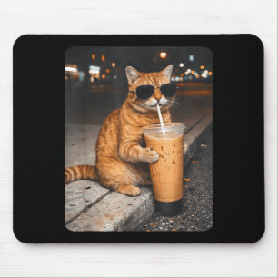 Cat drinking iced coffee funny animal meme coffee mouse pad