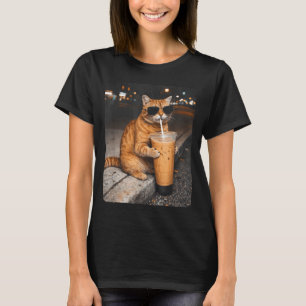 Cat drinking iced coffee funny animal meme coffee T-Shirt