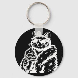 Cat Drinking Iced Coffee Funny Animal Meme Key Ring