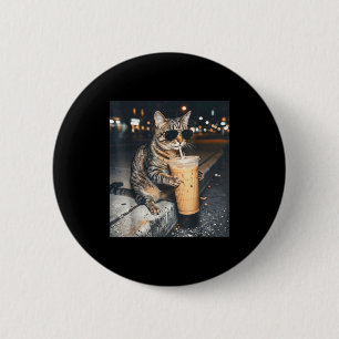 Cat drinking iced coffee funny animal meme men 6 cm round badge
