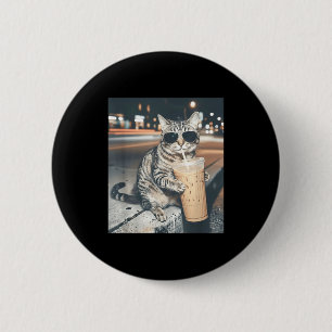 Cat drinking iced coffee funny animal meme men 6 cm round badge