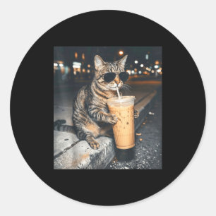 Cat drinking iced coffee funny animal meme men classic round sticker