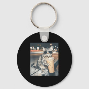 Cat drinking iced coffee funny animal meme men key ring