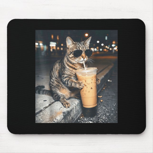 Cat drinking iced coffee funny animal meme men mouse pad (Front)