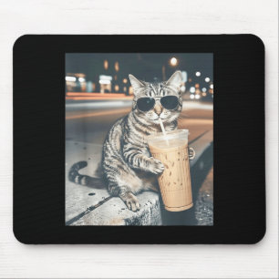 Cat drinking iced coffee funny animal meme men mouse pad