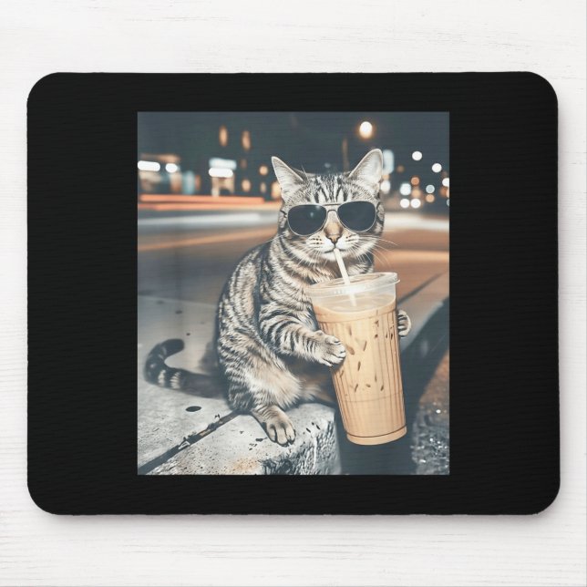 Cat drinking iced coffee funny animal meme men mouse pad (Front)