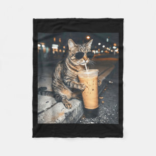 Cat Drinking Iced Coffee Funny Animal Meme Men Wom Fleece Blanket