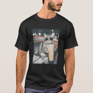 Cat Drinking Iced Coffee Funny Animal Meme Men Wom T-Shirt