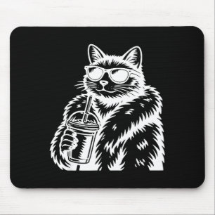 Cat drinking iced coffee funny animal meme mouse pad