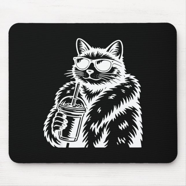 Cat drinking iced coffee funny animal meme  mouse pad (Front)