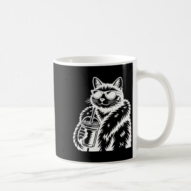 Cat Drinking Iced Coffee Funny Animal Meme Mug (Right)