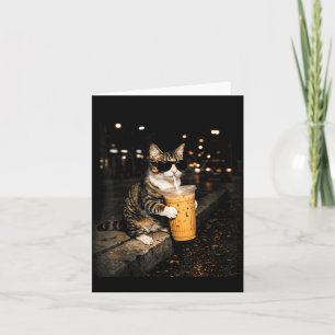 Cat drinking iced coffee funny animal meme retro card