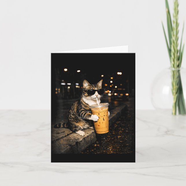 Cat drinking iced coffee funny animal meme retro card (Front)