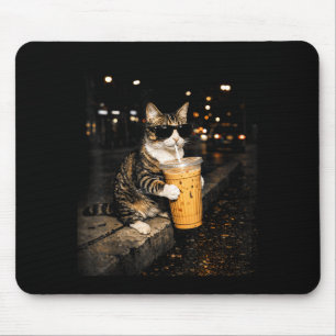 Cat drinking iced coffee funny animal meme retro mouse pad