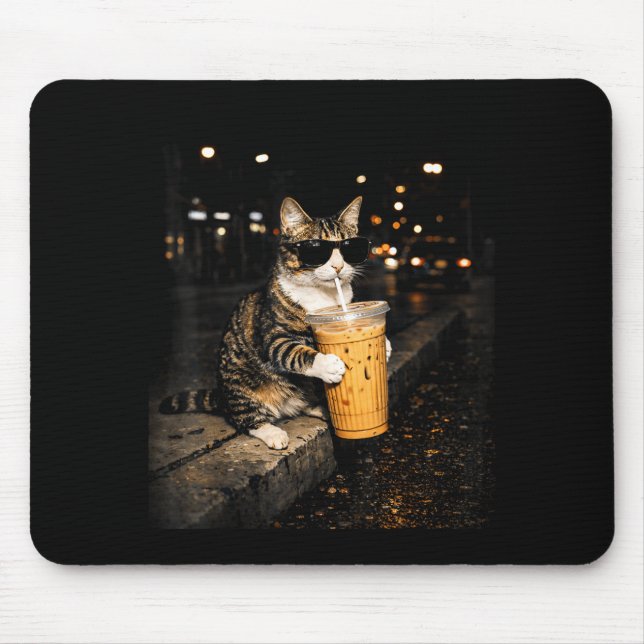 Cat drinking iced coffee funny animal meme retro mouse pad (Front)
