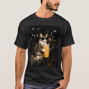 Cat drinking iced coffee funny animal meme retro T-Shirt