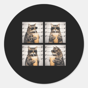 Cat drinking iced coffee funny mugshot animal meme classic round sticker