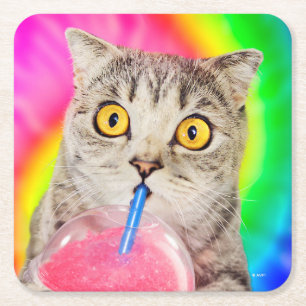 Cat Drinking Slushie Square Paper Coaster