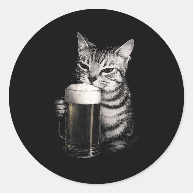 Cat drinks beer funny meme men women matching  classic round sticker (Front)