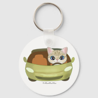 cat driving a sports car key ring