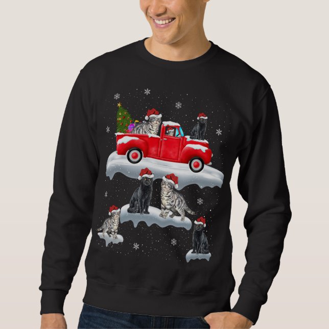 Cat Driving Christmas Tree Red Truck Cat Christmas Sweatshirt (Front)