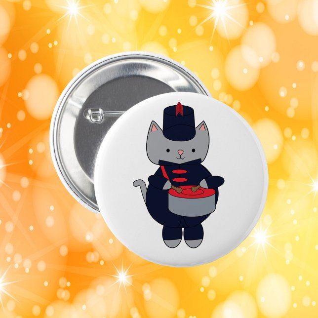 Cat Drummer Marching Band Navy Blue Red 6 Cm Round Badge (A pin featuring a gray cat playing drums in a navy blue & red marching band uniform.)