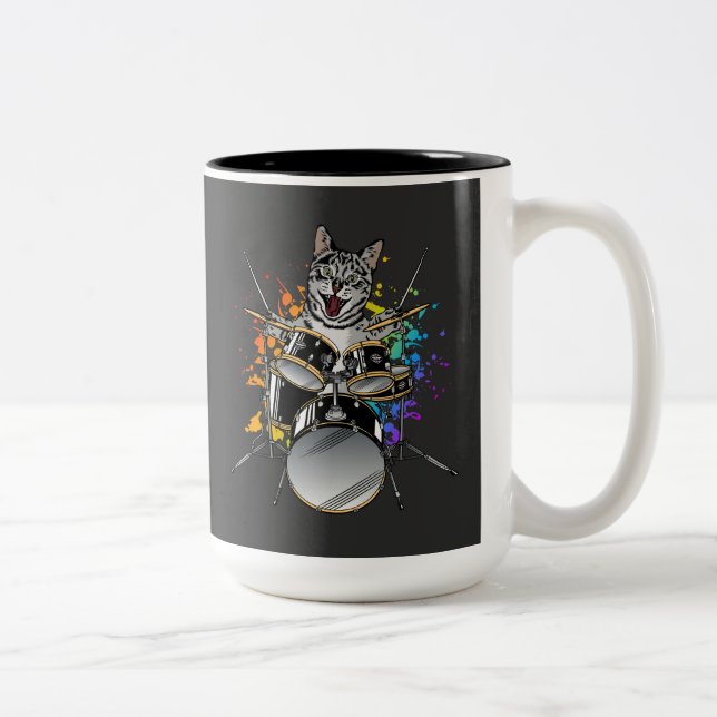 Cat Drummer Playing Drum Two-Tone Coffee Mug (Right)