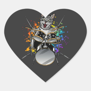 Cat Drummer Playing Drums Heart Sticker