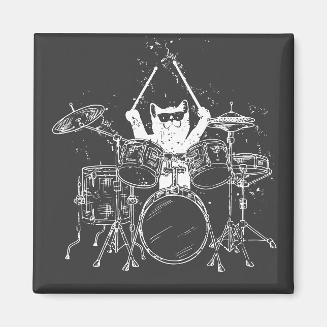 Cat Drummer Playing Drums Square Magnet (Front)