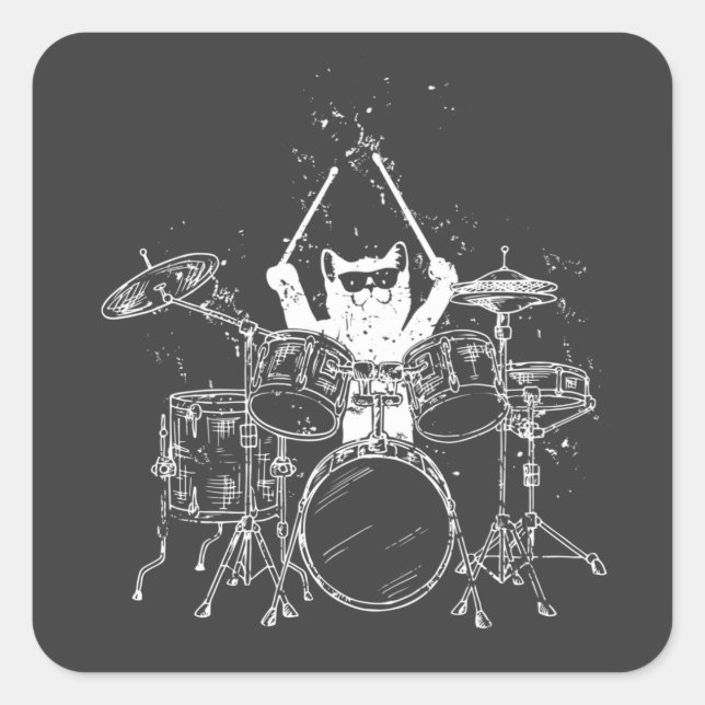 Cat Drummer Playing Drums Square Sticker (Front)
