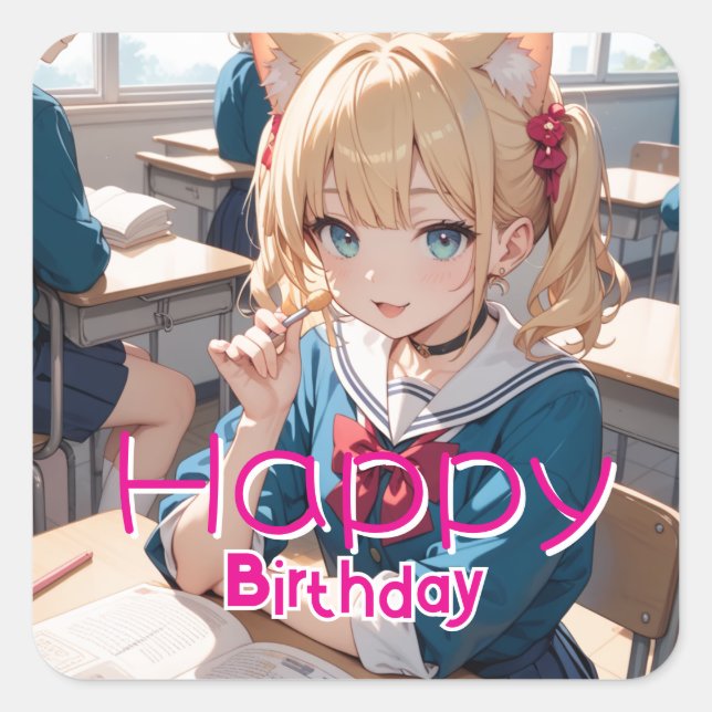 cat-ear girl in the classroom square sticker (Front)