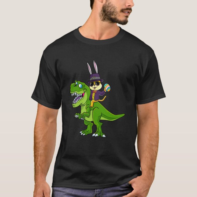 Cat Easter Bunny Riding Dino Trex Egg Hunt Dinosau T-Shirt (Front)