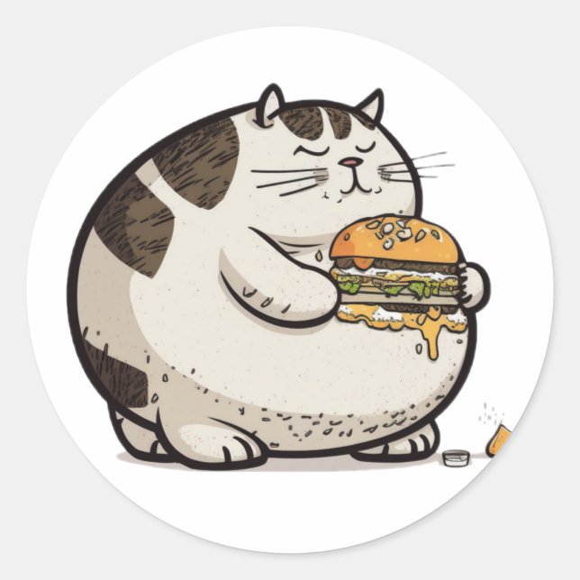 cat eat burger classic round sticker (Front)