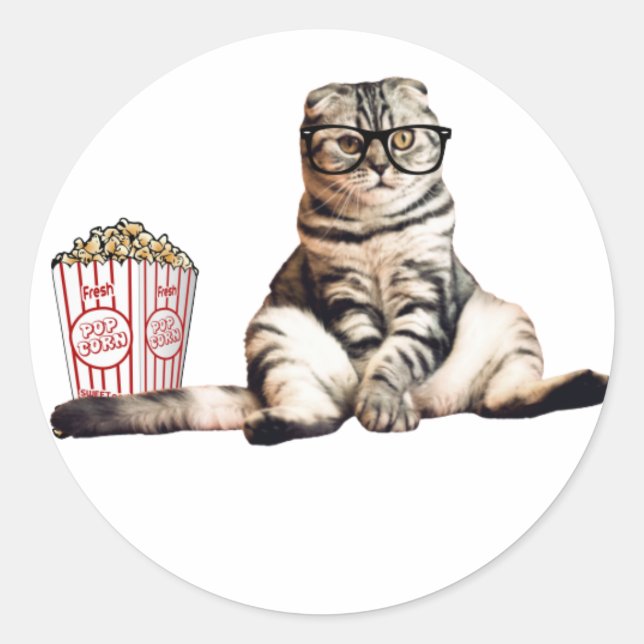 cat eat popcorn funny classic round sticker (Front)