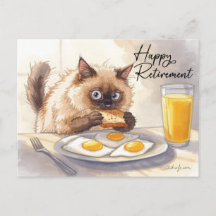 Cat eating breakfast Happy Retirement Postcard