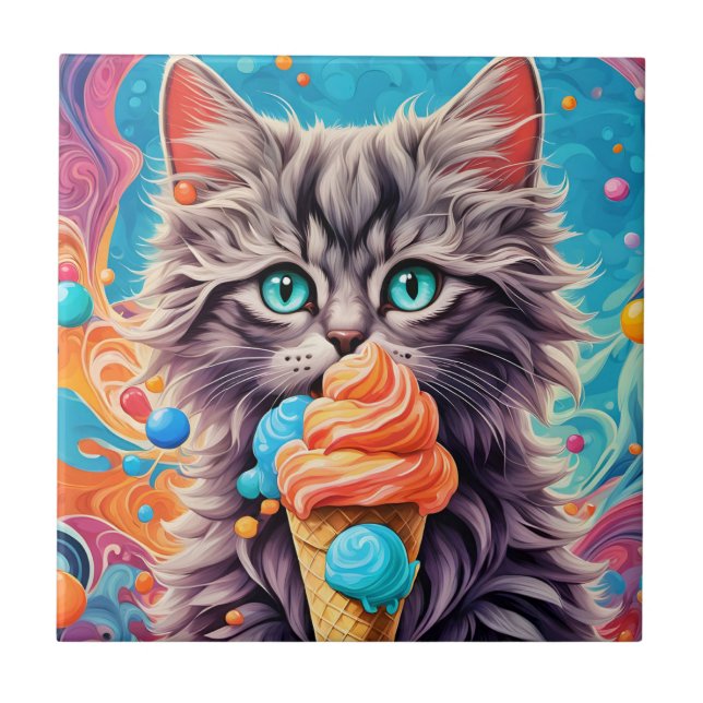 Cat Eating Ice Cream Cone Funny Kitten Cat 779 Ceramic Tile (Front)