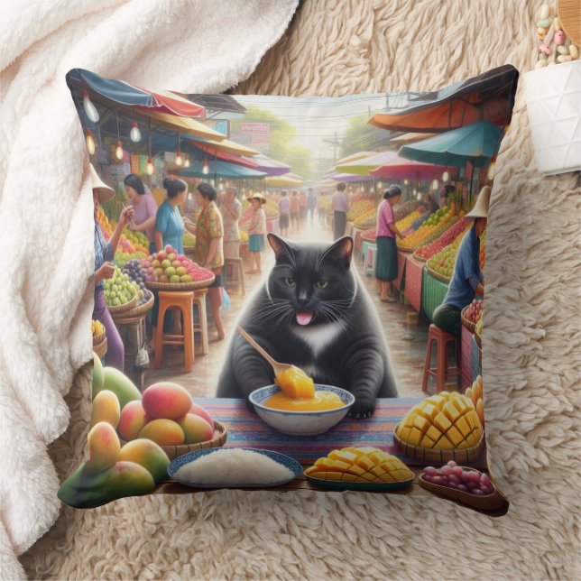 Cat eating Khawneawmamuang in Thailand Cushion (Blanket)