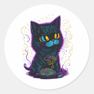 cat eating noodles. classic round sticker