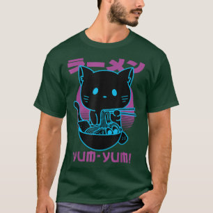 Cat Eating Noodles Japanese Aesthetic Ramen Funny T-Shirt