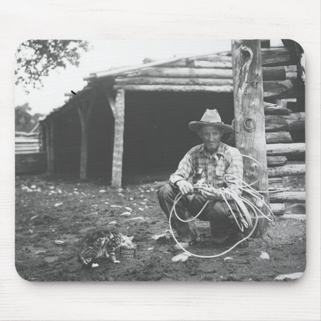 Cat eating out of a coffee can mouse pad (Front)