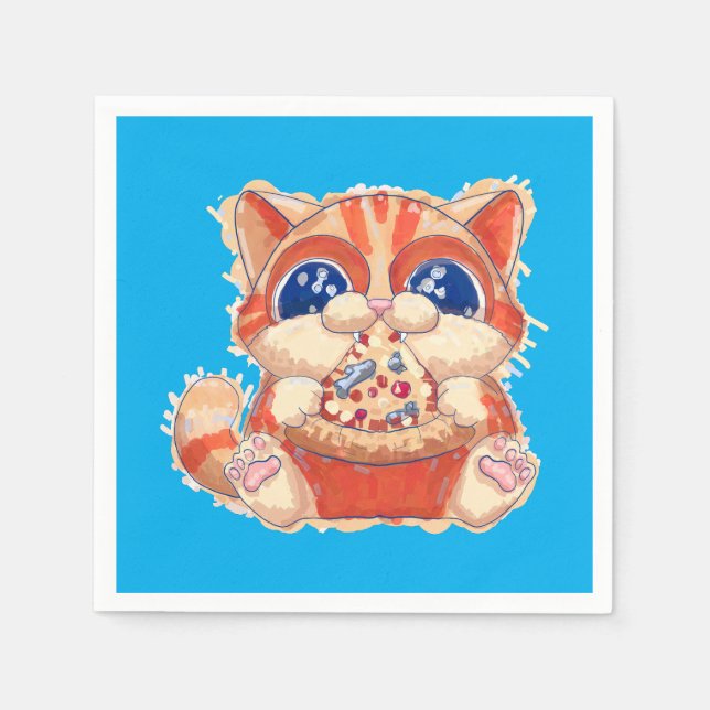 Cat Eating Pizza colour Napkin (Front)